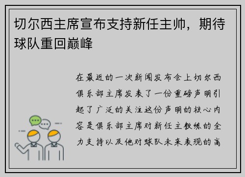 切尔西主席宣布支持新任主帅，期待球队重回巅峰